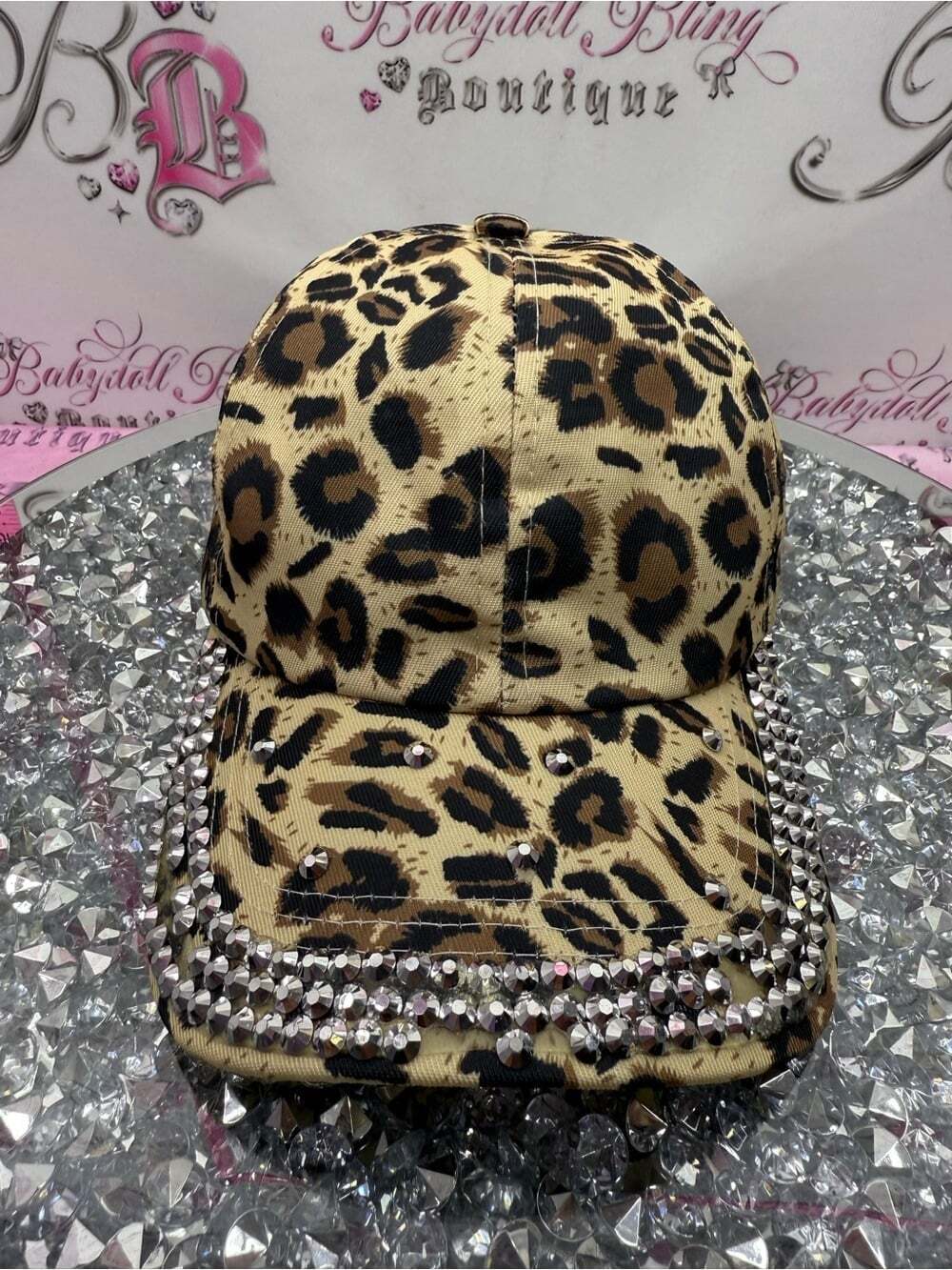 Hat rhinestone y2k bling silver Leopard Print Rhinestone Baseball Cap -